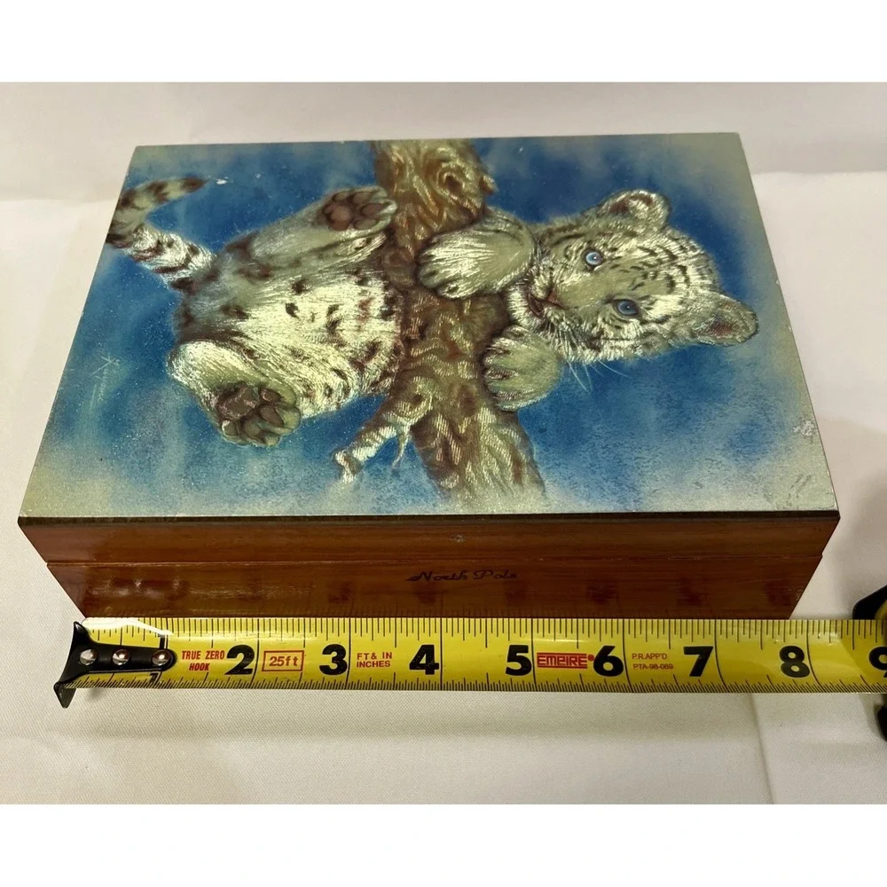 Vintage  Wooden Cedar  White Tiger Cub Hanging On A Branch  Trinket Jewelry Box